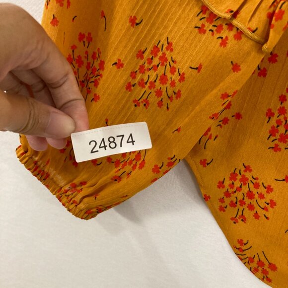 New Ann Taylor Medium Mustard Red Floral Tie Front Puff Ruffle Sleeve Blouse - Picture 10 of 10